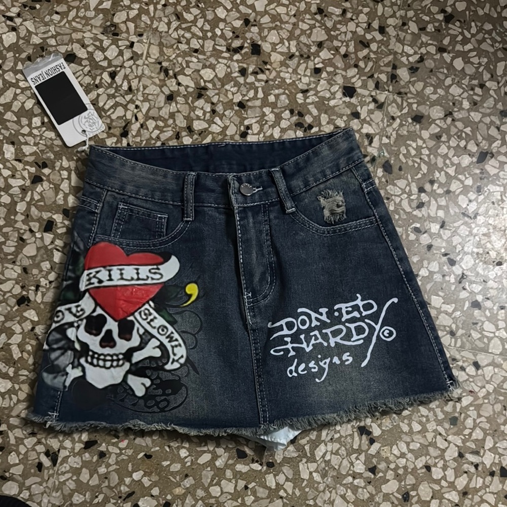 Ed Hardy Women's Graphic Denim Mini Skirt - Dark Blue